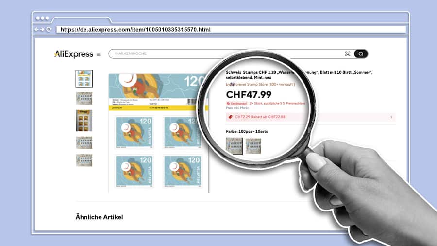 Beobachter Collage zum Thema: Statt Briefmarken eine Vorladung: Der Aliexpress-Kauf mit Folgen Bildschirmfoto: https://de.aliexpress.com/item/1005010335315570.html