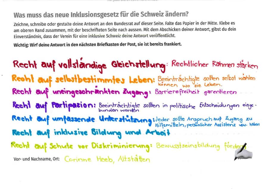 Protestpostkarten inklusions initiative aus der Medienmitteilung vom 29.09.2025 "Inklusion statt Ausgrenzung: Protest-Postkarten an Baum-Schneider"