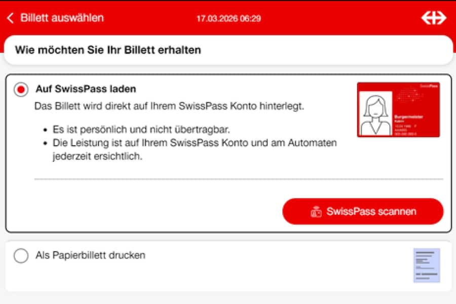Bildschrimanzeige vom SBB Billetautomat beim Ticketkauf, dem Beobachter von der SBB zur redaktionellen Nutzung im März 2026 zur Verfügung gestellt. Thema: Unsichtbare *BB-Billette: Kunden reisen in Ungewissheit - SBB-Kunden erhalten beim Automaten…