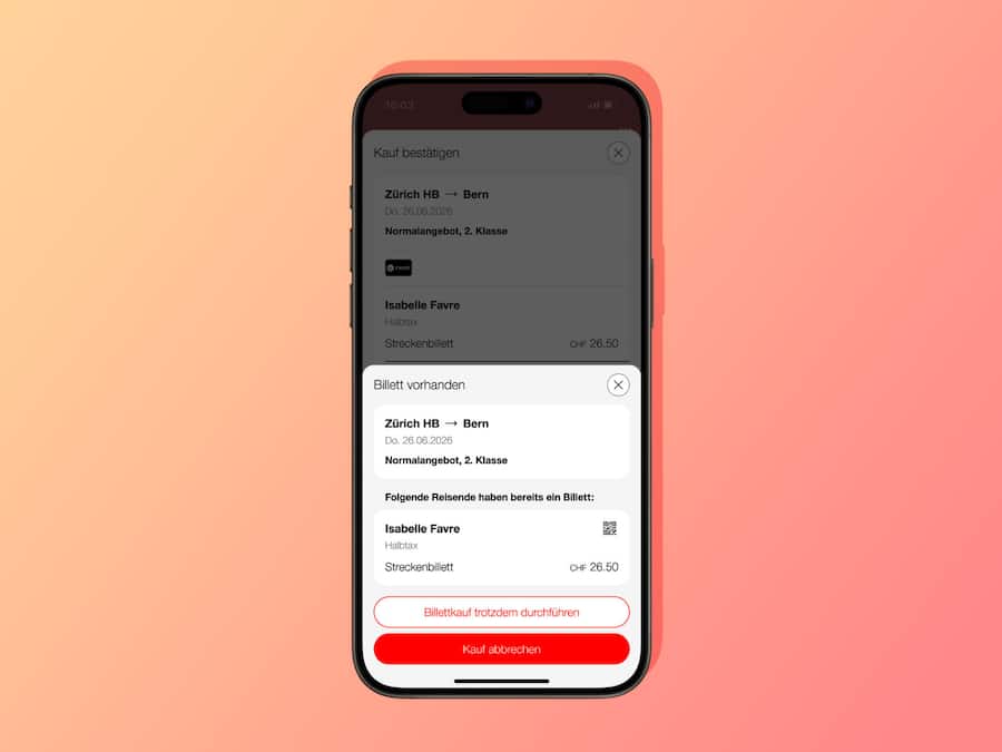 Bild der Warnfunktion, wie diese in der App kommuniziert wird, von der SBB dem Beobachter am 20.02.2026 zur Verfügung gestellt. Thema: Doppelkäufe bei der SBB https://www.beobachter.ch/konsum/konsumentenschutz/arger-mit-app-tausende-kaufen-tickets-…