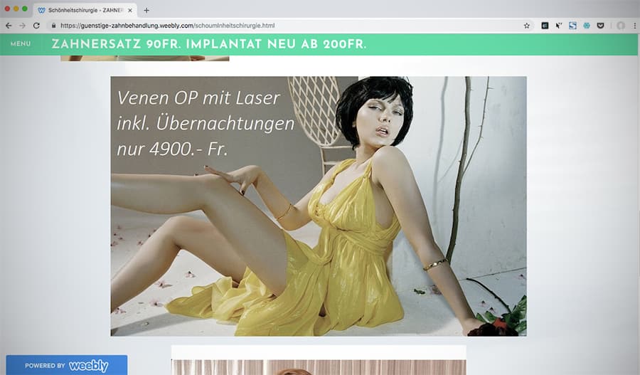 Werbung mit Scarlett Johansson auf der Website des falschen Zahnarzts